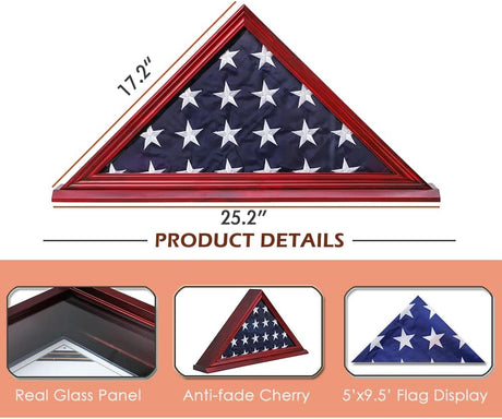 Flag Display Case Triangle Military Shadow Box with Flat Base Fits a Folded 5'x9.5' American Veterans Burial Memorial Funeral Flag Real Glass Front Wall Mountable Solid Wood Military Flag Case, CHERRY