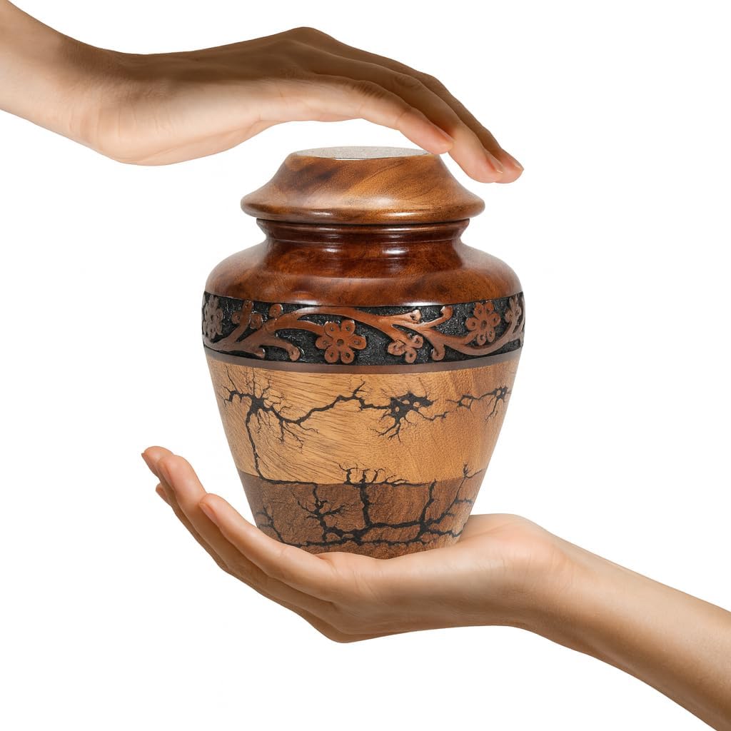 Wooden Cremation Urn with Fractal Design, Black Resin Inlay, Adult Size for Man and Women Decorative Handcrafted urn. (Small Keepsake (20 Cu in))