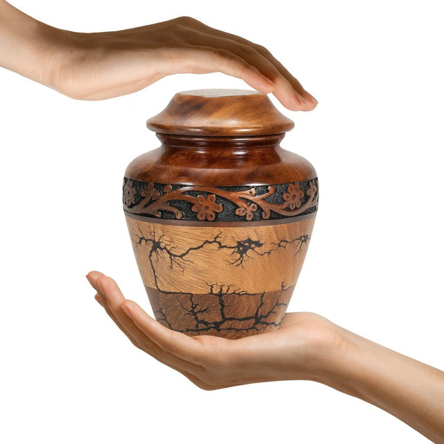 Wooden Cremation Urn with Fractal Design, Black Resin Inlay, Adult Size for Man and Women Decorative Handcrafted urn. (Small Keepsake (20 Cu in))