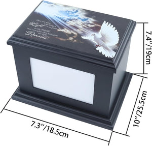 Handcrafted Solid Wooden Box Urns for Adult Human Ashes Male or Female Cremation- Funeral Memorial Urn for Man or Woman with Photo Frame- Keepsake Casket Up to 200 Lbs (Black, L, Dove)