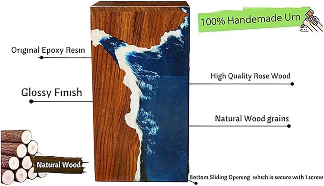 Epoxy Resin Wooden Urns for Human Ashes - Adult Male & Female Cremation Urns (Medium 9'X5.5, 180cu/in)