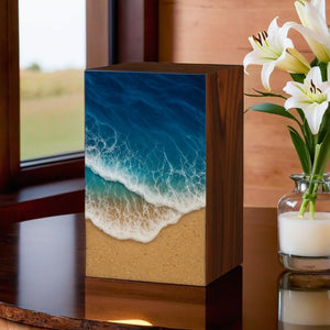 Handcrafted Wooden Ocean Wave Urn for Human Ashes – Epoxy Resin Memorial Urn for Adult Men & Women – Funeral Urn Box – Wooden Cremation Urns (Ocean Serenity Urn, (Large - 11.25" Hx6.25 W (250 Cu/in))