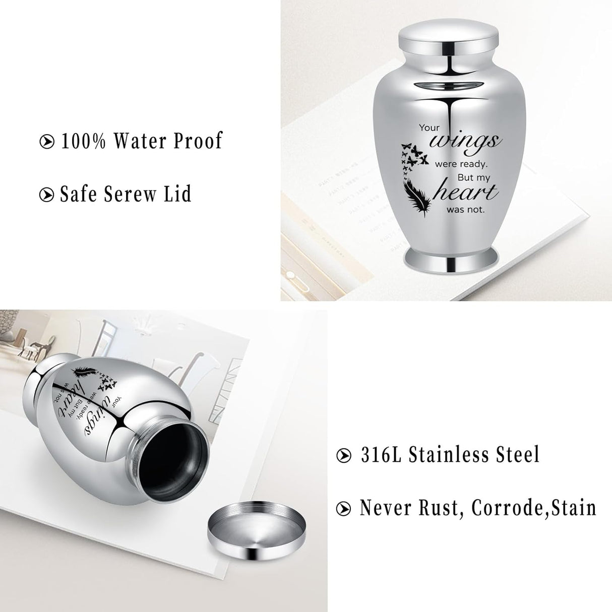 shajwo Large Cremation Urn for Ashes Human Adult Female Male Angel Wings Stainless Steel Urn for Human Ashes for Women Men Memorial Burial Funeral Decorative Urns for Ashes Keepsake Up to 220 IBS