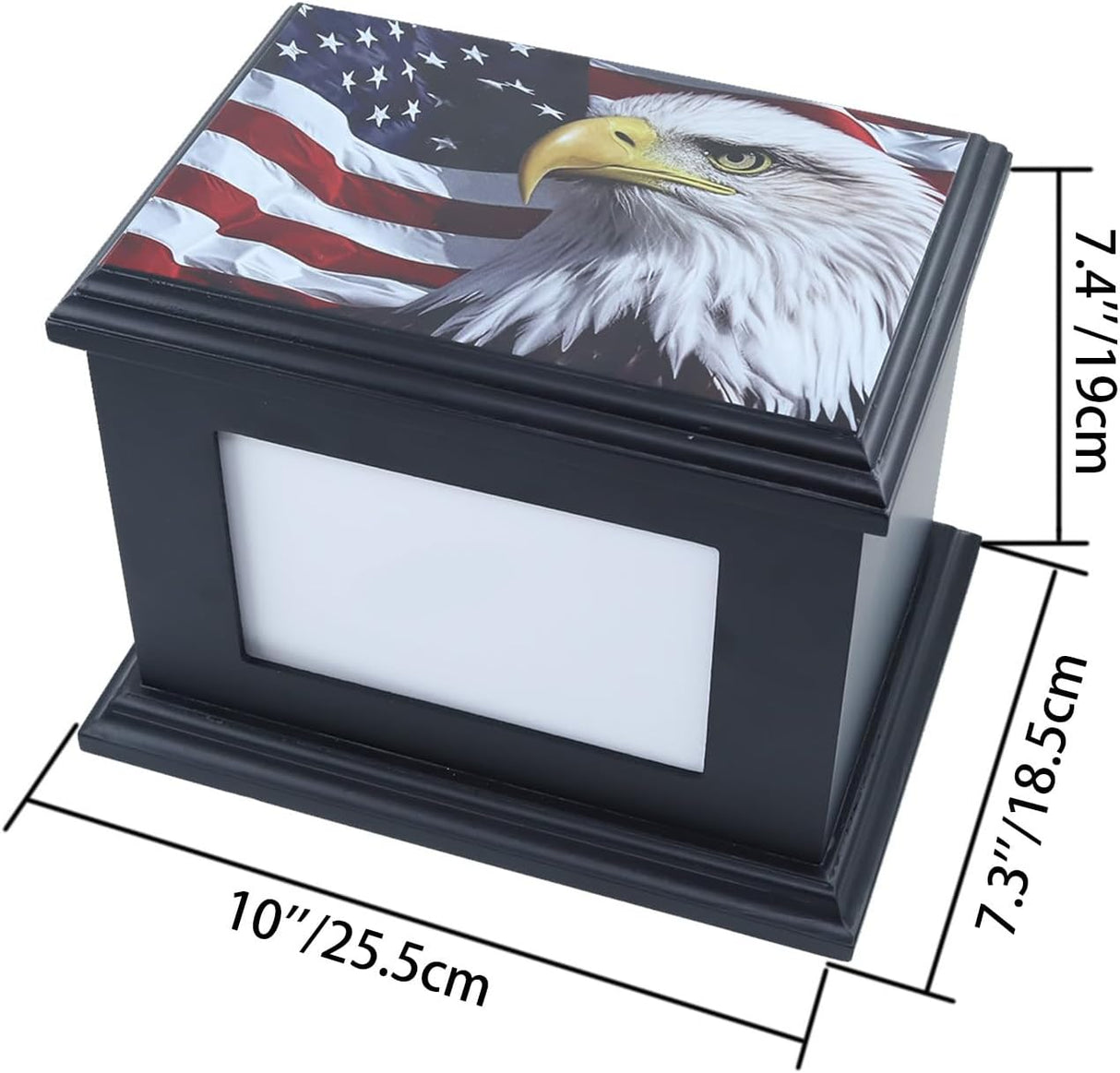 Handcrafted Solid Wooden Box Urns for Adult Human Ashes Male or Female Cremation- Funeral Memorial Urn for Man or Woman with Photo Frame- Keepsake Casket Up to 200 Lbs (Black, L, Eagle&Flag)