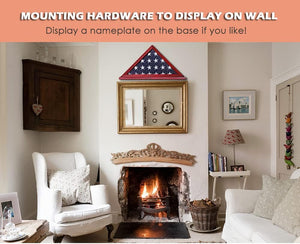 Flag Display Case Triangle Military Shadow Box with Flat Base Fits a Folded 5'x9.5' American Veterans Burial Memorial Funeral Flag Real Glass Front Wall Mountable Solid Wood Military Flag Case, CHERRY