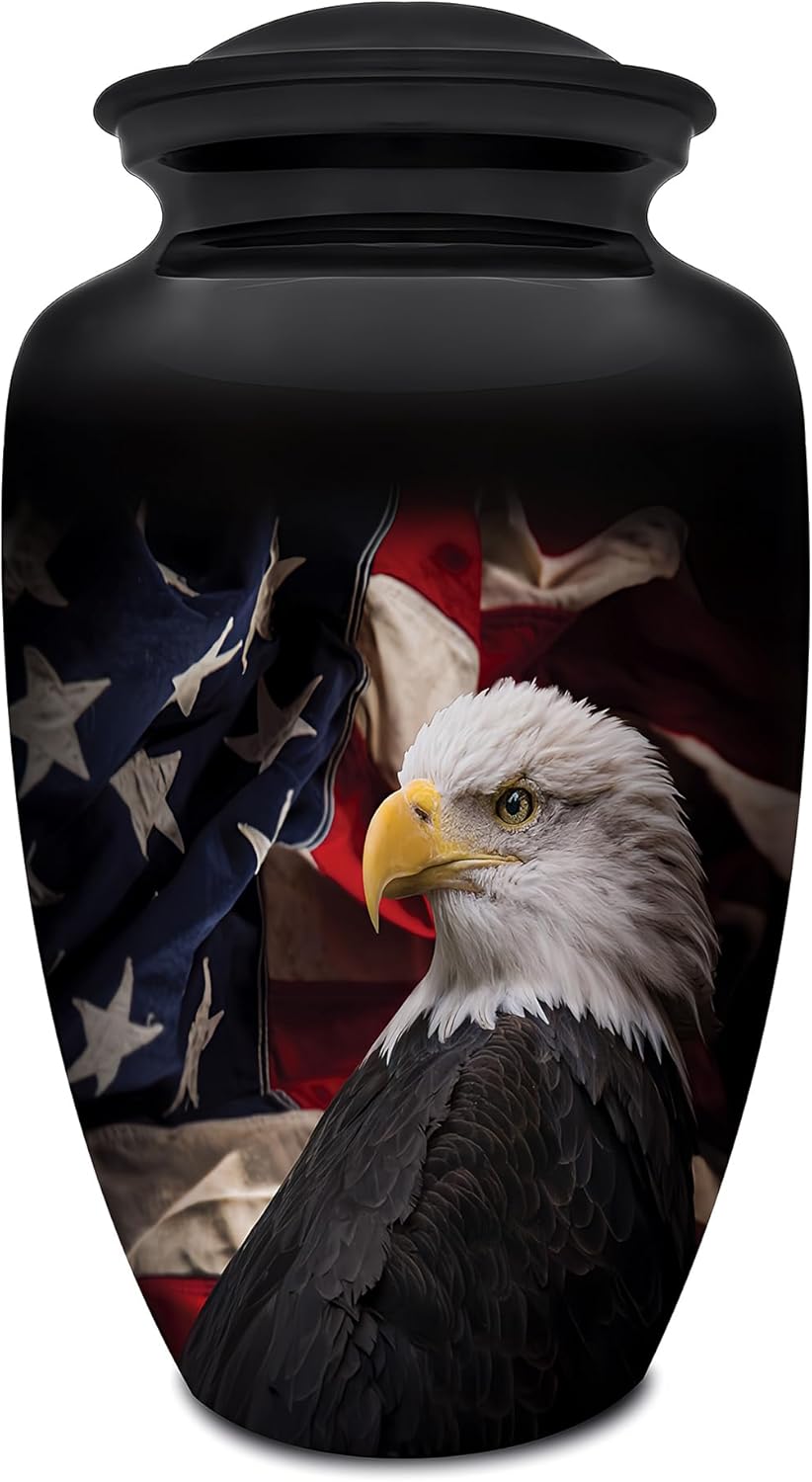 Patriotic Hearts Eagle Urn for Human Ashes | American Flag Cremation Urn for Adults, Veteran, Medium Size, Handmade Funeral Urns with Velvet Bag