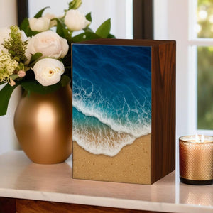 Handcrafted Wooden Ocean Wave Urn for Human Ashes – Epoxy Resin Memorial Urn for Adult Men & Women – Funeral Urn Box – Wooden Cremation Urns (Ocean Serenity Urn, (Large - 11.25" Hx6.25 W (250 Cu/in))