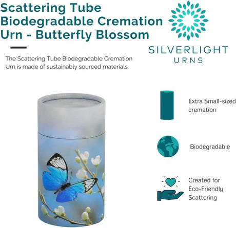 Butterfly Blossom Scattering Tube - Extra Small, Biodegradable Cremation Urn for Ashes, Extra Small Sized Cremation Urn, 5.25 Inches High