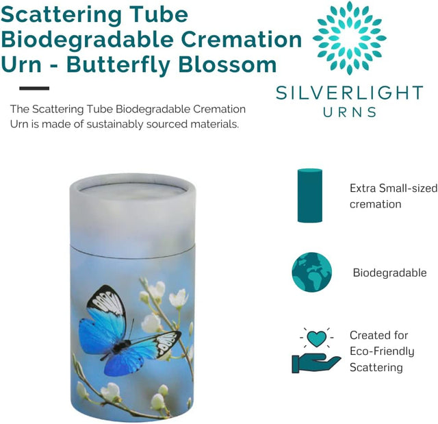 Butterfly Blossom Scattering Tube - Extra Small, Biodegradable Cremation Urn for Ashes, Extra Small Sized Cremation Urn, 5.25 Inches High