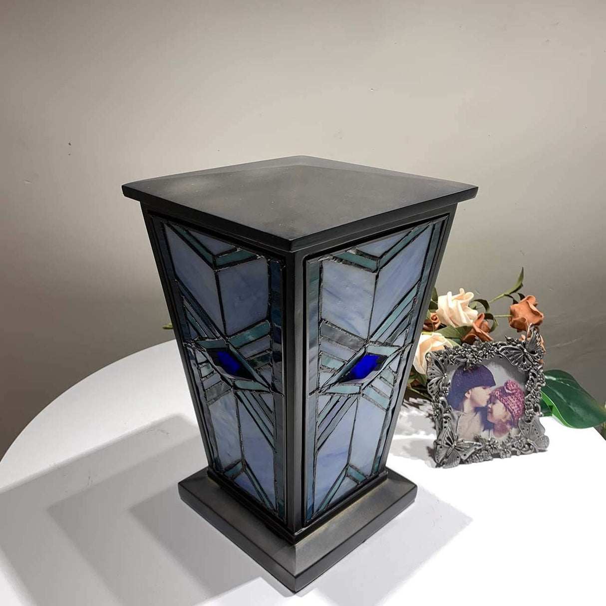 Bieye CU001 Stained Glass Urn with Mission Design Tiffany Style Cremation Urn, 7" W x 11" H, Blue