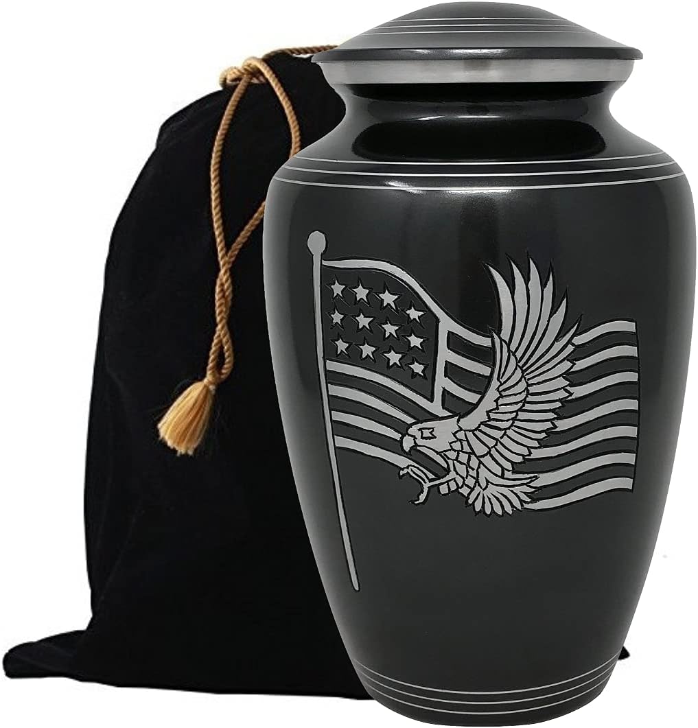 American Honor and Glory Cremation Urn, Handcrafted Metal Urn for Human Ashes, Adult Cremation Urn with Velvet Bag