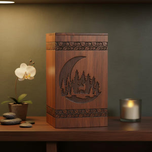 Handcrafted Rosewood Urn for Human Ashes - Beautifull Moon and Deer Tree Wooden Box Cremation Pets Handmade Burial Loving Memories (Rosewood, L(11.25X6.25”)250CU) (Moon-09)