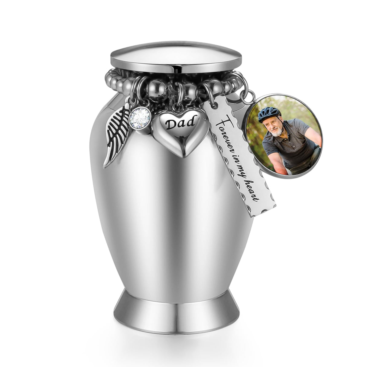 Small Keepsake Urns for Memorial Human Ashes 2.85 Inch with Wing Charm Mini Cremation Urns Stainless Steel