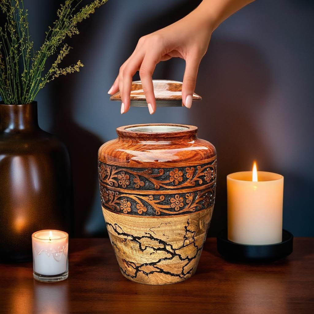 Wooden Cremation Urn for Human Ashes Handcrafted Urn for Adult Men & Women Memorial Urn for Ashes Decorative Burial & Funeral Urn (Hand Curving Border, Large 250lbs)