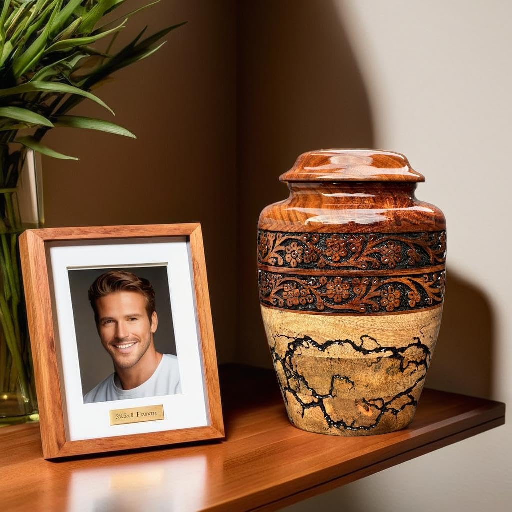 Wooden Cremation Urn for Human Ashes Handcrafted Urn for Adult Men & Women Memorial Urn for Ashes Decorative Burial & Funeral Urn (Hand Curving Border, Large 250lbs)
