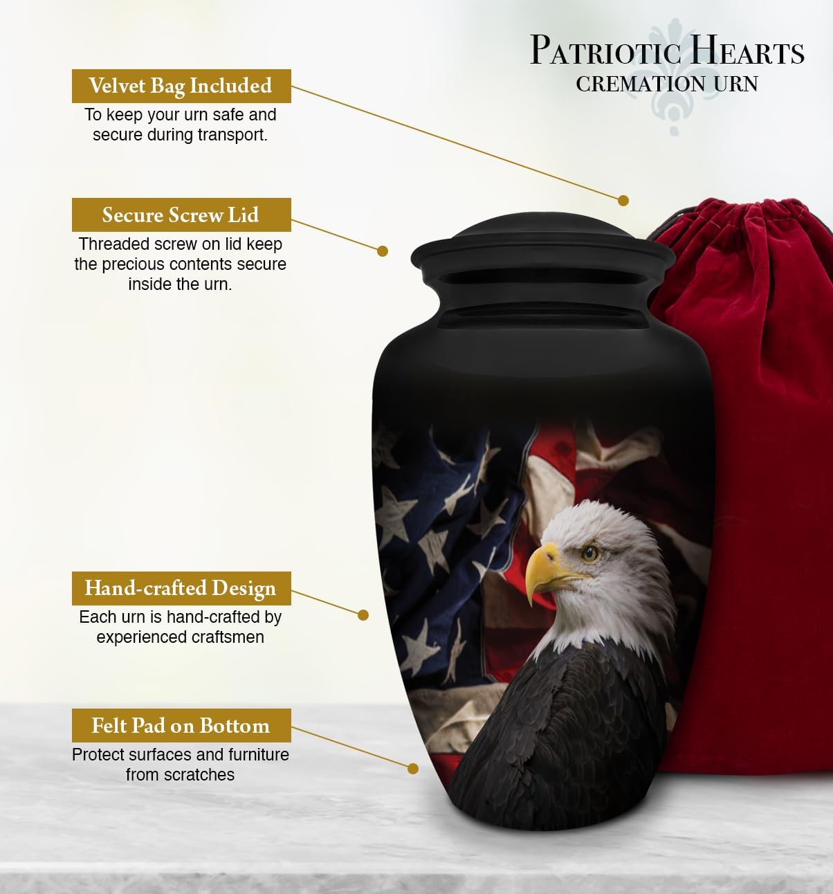 Patriotic Hearts Eagle Urn for Human Ashes | American Flag Cremation Urn for Adults, Veteran, Medium Size, Handmade Funeral Urns with Velvet Bag
