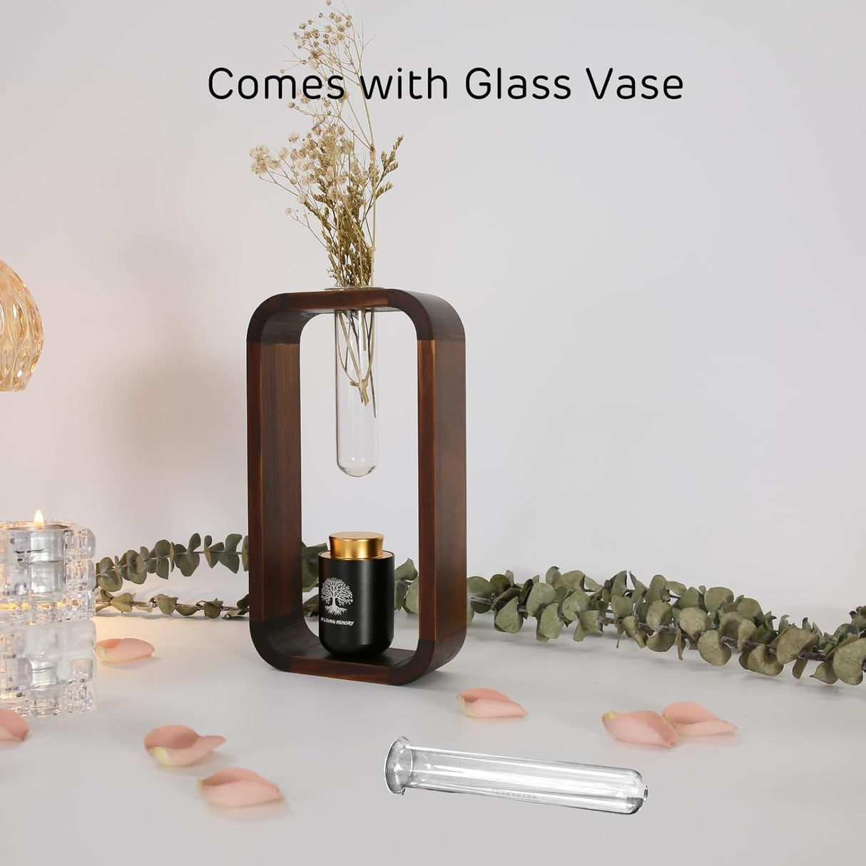 Plant Urn with Hydroponics Glass Vase, Small Urns for Human Ashes Keepsake, Memorial Keepsake Urn for Human Ashes, Small Mini Urns, Wooden Decor