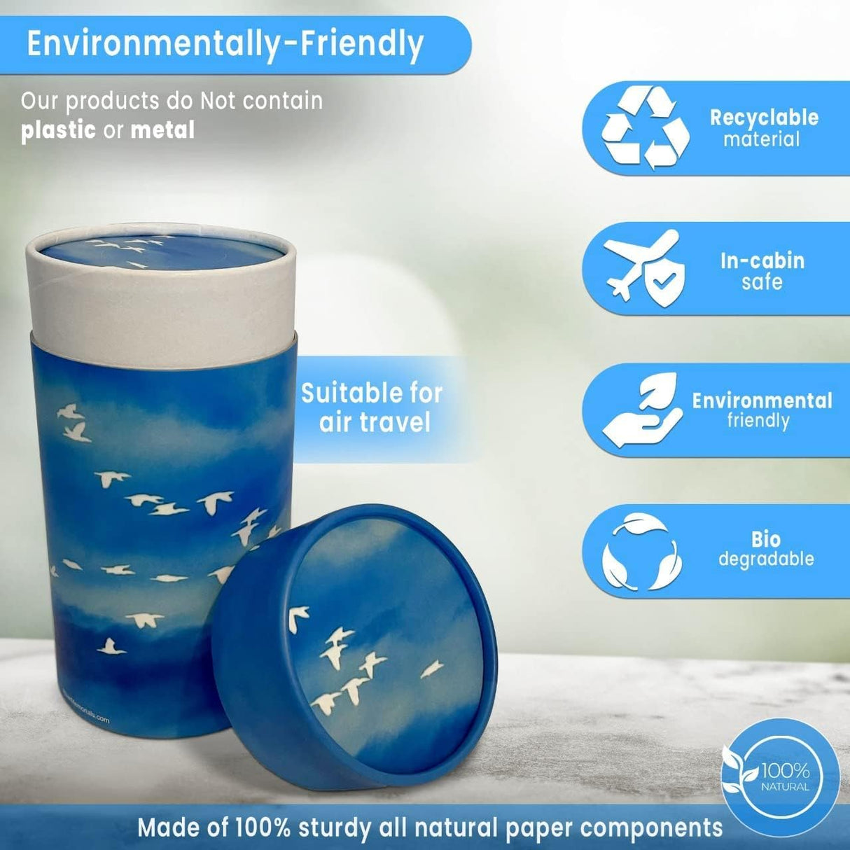 Scattering Tube, Biodegradable Cremation Urn for Ashes, Humans & Pets Sized Cremation Urn, 8'' x 4'' (Medium) (2), Blue (ST002)