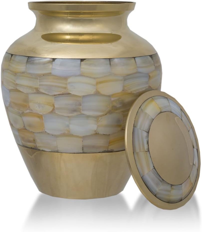 Mother of Pearl Bronze Memorial Urn for Human - Medium - Holds Up to 75 Cubic Inches of Ashes - Gold Cremation Urn for Ashes