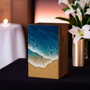 Handcrafted Wooden Ocean Wave Urn for Human Ashes – Epoxy Resin Memorial Urn for Adult Men & Women – Funeral Urn Box – Wooden Cremation Urns (Ocean Serenity Urn, (Large - 11.25" Hx6.25 W (250 Cu/in))