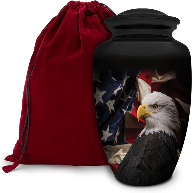 Patriotic Hearts Eagle Urn for Human Ashes | American Flag Cremation Urn for Adults, Veteran, Medium Size, Handmade Funeral Urns with Velvet Bag