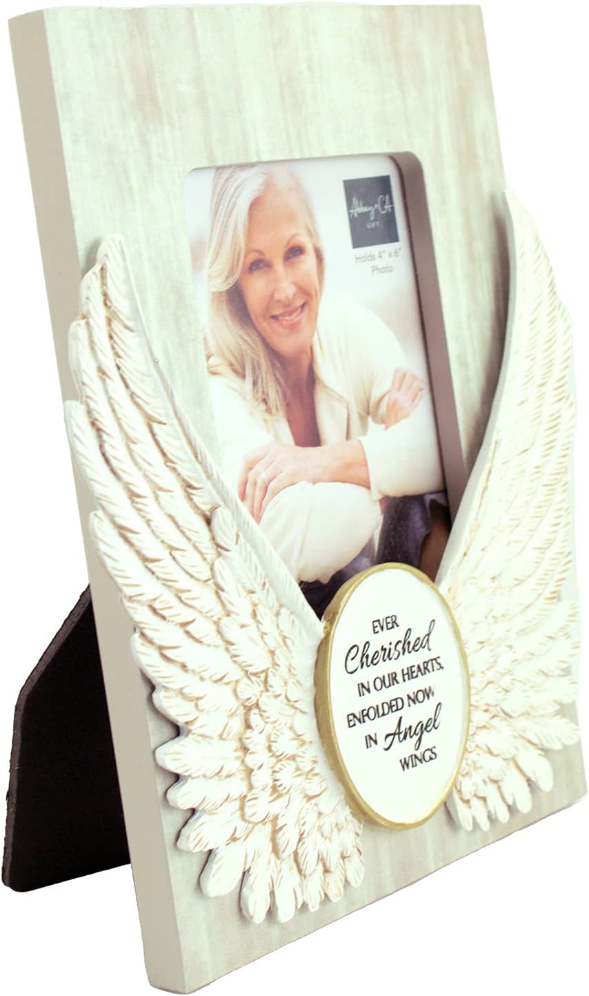 Angel Wings Memorial Photo Frame, Home Decor Gift For Death Of A Loved One, Holds 4-inch By 6-inch Photo, By Abbey & CA Gift,Antique White