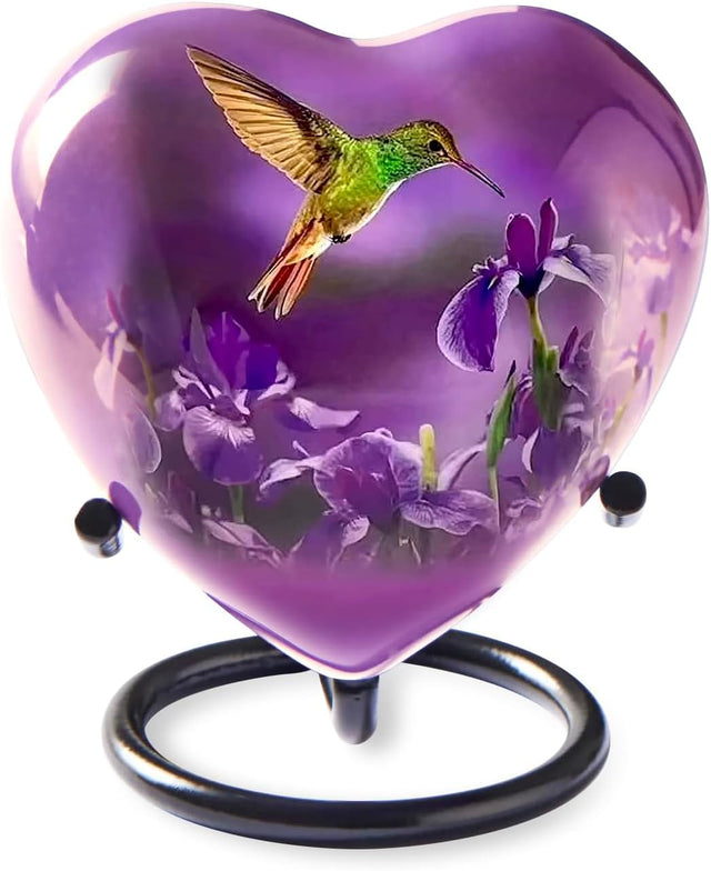 Trupoint Memorials Small Urns for Human Ashes Keepsake, Mini Heart Urn with Stand, Decorative Cremation Urns for Adult Men & Women – Medium Hummingbird Heart Stand