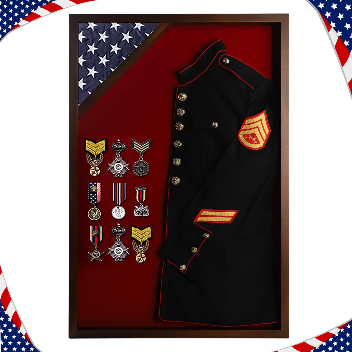 Flag Display Case Triangle Military Shadow Box with Flat Base Fits a Folded 5'x9.5' American Veterans Burial Memorial Funeral Flag Real Glass Front Wall Mountable Solid Wood Military Flag Case, CHERRY