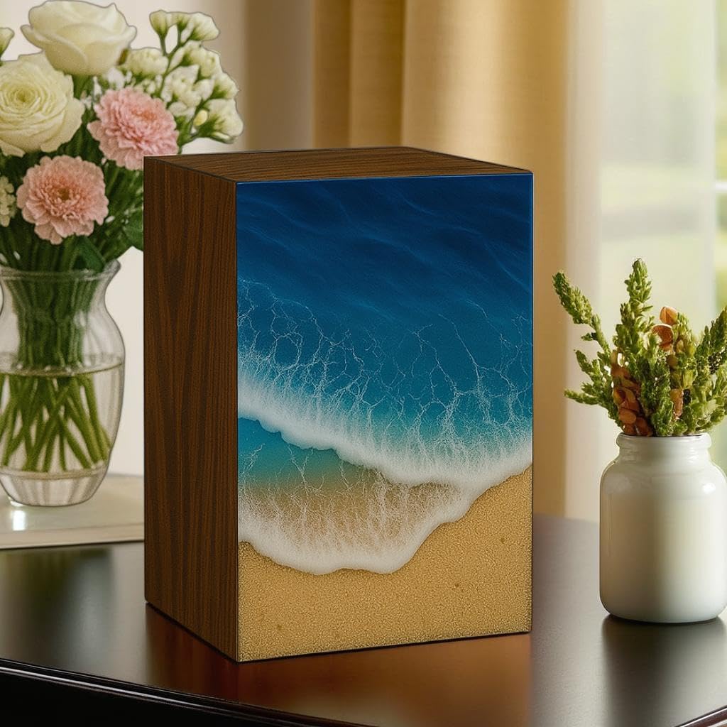 Handcrafted Wooden Ocean Wave Urn for Human Ashes – Epoxy Resin Memorial Urn for Adult Men & Women – Funeral Urn Box – Wooden Cremation Urns (Ocean Serenity Urn, (Large - 11.25" Hx6.25 W (250 Cu/in))
