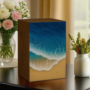 Handcrafted Wooden Ocean Wave Urn for Human Ashes – Epoxy Resin Memorial Urn for Adult Men & Women – Funeral Urn Box – Wooden Cremation Urns (Ocean Serenity Urn, (Large - 11.25" Hx6.25 W (250 Cu/in))