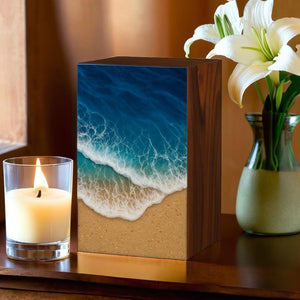 Handcrafted Wooden Ocean Wave Urn for Human Ashes – Epoxy Resin Memorial Urn for Adult Men & Women – Funeral Urn Box – Wooden Cremation Urns (Ocean Serenity Urn, (Large - 11.25" Hx6.25 W (250 Cu/in))