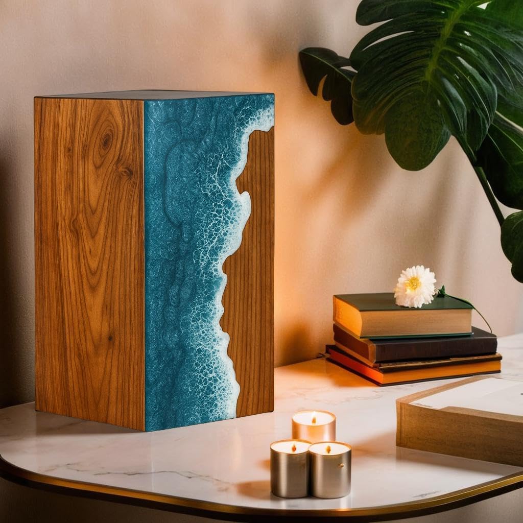 Handcrafted Rosewood & Ocean Wave Epoxy Resin Urn for Ashes – Memorial Cremation Urn Box for Human & Pet Ashes ((Keepsake - 5" Hx4 W (20 Cu/in))