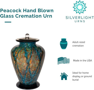 Peacock Hand Blown Glass Cremation Urn for Ashes, Green Urn, Adult Sized Cremation Urn, 12.25 Inches High