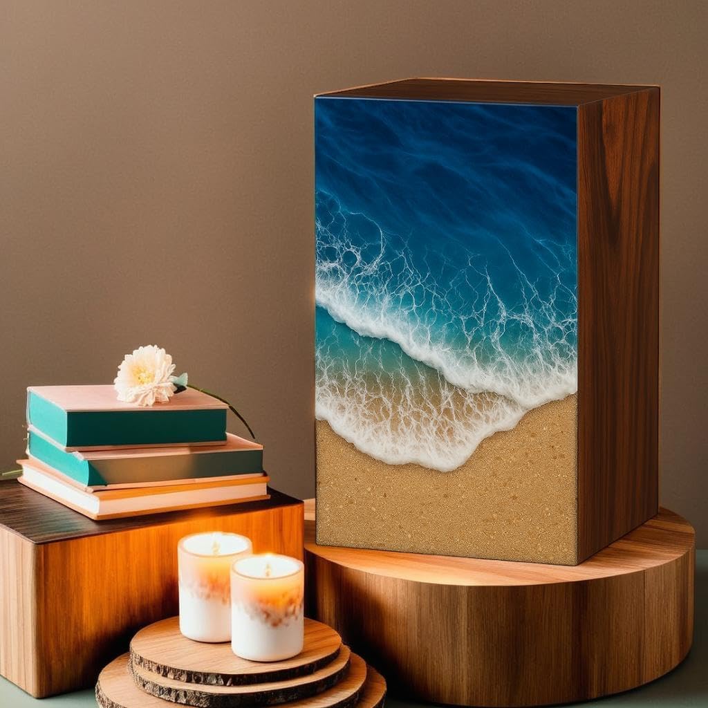 Handcrafted Wooden Ocean Wave Urn for Human Ashes – Epoxy Resin Memorial Urn for Adult Men & Women – Funeral Urn Box – Wooden Cremation Urns (Ocean Serenity Urn, (Large - 11.25" Hx6.25 W (250 Cu/in))