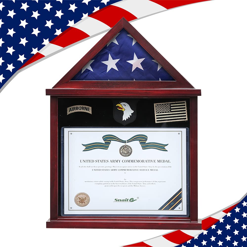 Flag Display Case Triangle Military Shadow Box with Flat Base Fits a Folded 5'x9.5' American Veterans Burial Memorial Funeral Flag Real Glass Front Wall Mountable Solid Wood Military Flag Case, CHERRY