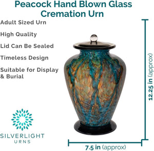 Peacock Hand Blown Glass Cremation Urn for Ashes, Green Urn, Adult Sized Cremation Urn, 12.25 Inches High