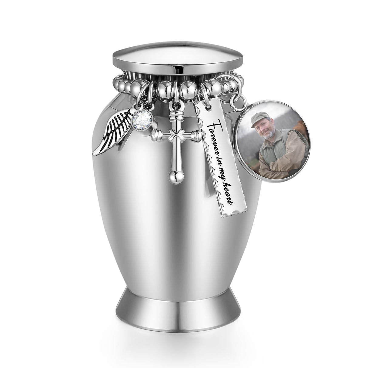 Small Keepsake Urns for Memorial Human Ashes 2.85 Inch with Wing Charm Mini Cremation Urns Stainless Steel