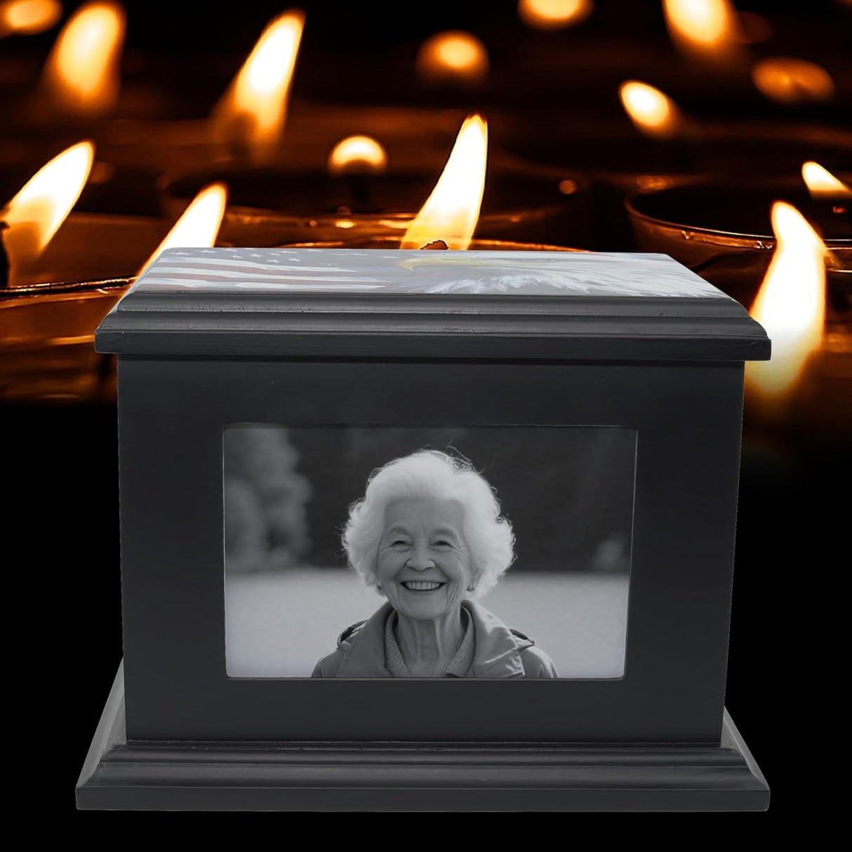 Handcrafted Solid Wooden Box Urns for Adult Human Ashes Male or Female Cremation- Funeral Memorial Urn for Man or Woman with Photo Frame- Keepsake Casket Up to 200 Lbs (Black, L, Eagle&Flag)
