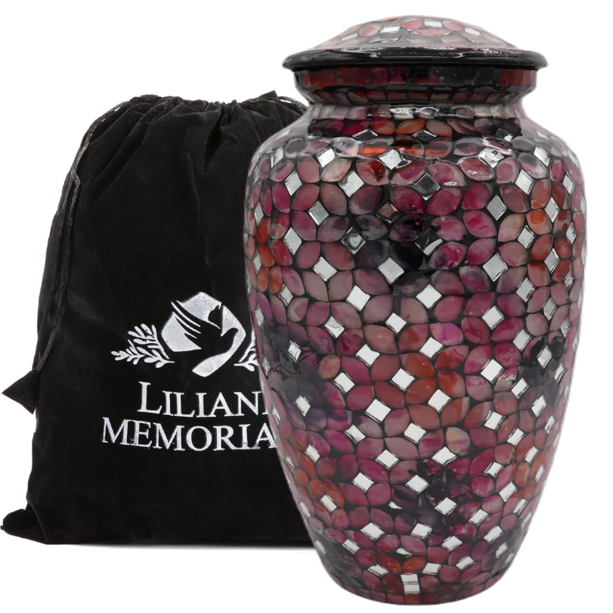 Mosaic Glass Cremation Urn - Hand Made Funeral Urn for Human Ashes - Large Adult Size Burial Urn - Hand Applied Individual Tiles Create a one of a Kind Work of Art - 200 cu in (Red)