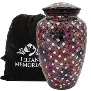 Mosaic Glass Cremation Urn - Hand Made Funeral Urn for Human Ashes - Large Adult Size Burial Urn - Hand Applied Individual Tiles Create a one of a Kind Work of Art - 200 cu in (Red)
