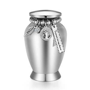Small Keepsake Urns for Memorial Human Ashes 2.85 Inch with Wing Charm Mini Cremation Urns Stainless Steel