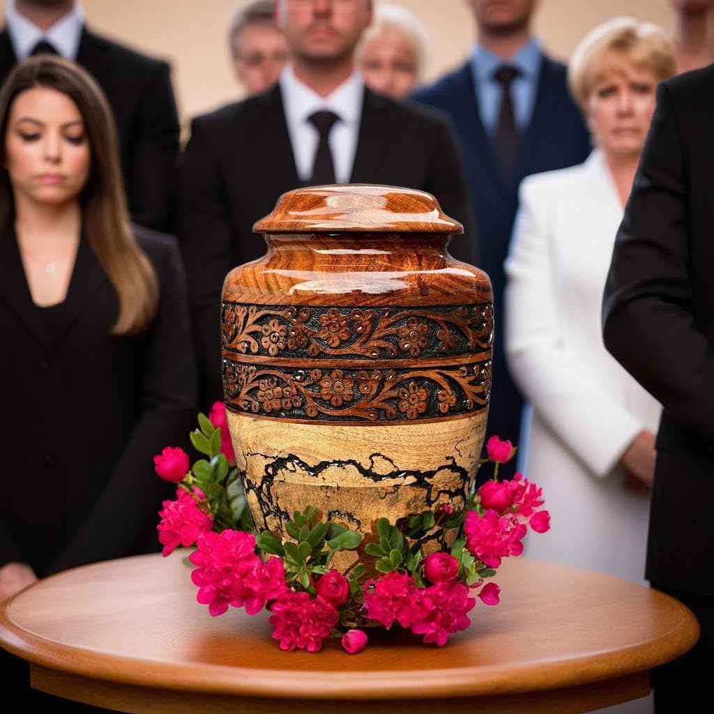 Wooden Cremation Urn for Human Ashes Handcrafted Urn for Adult Men & Women Memorial Urn for Ashes Decorative Burial & Funeral Urn (Hand Curving Border, Large 250lbs)