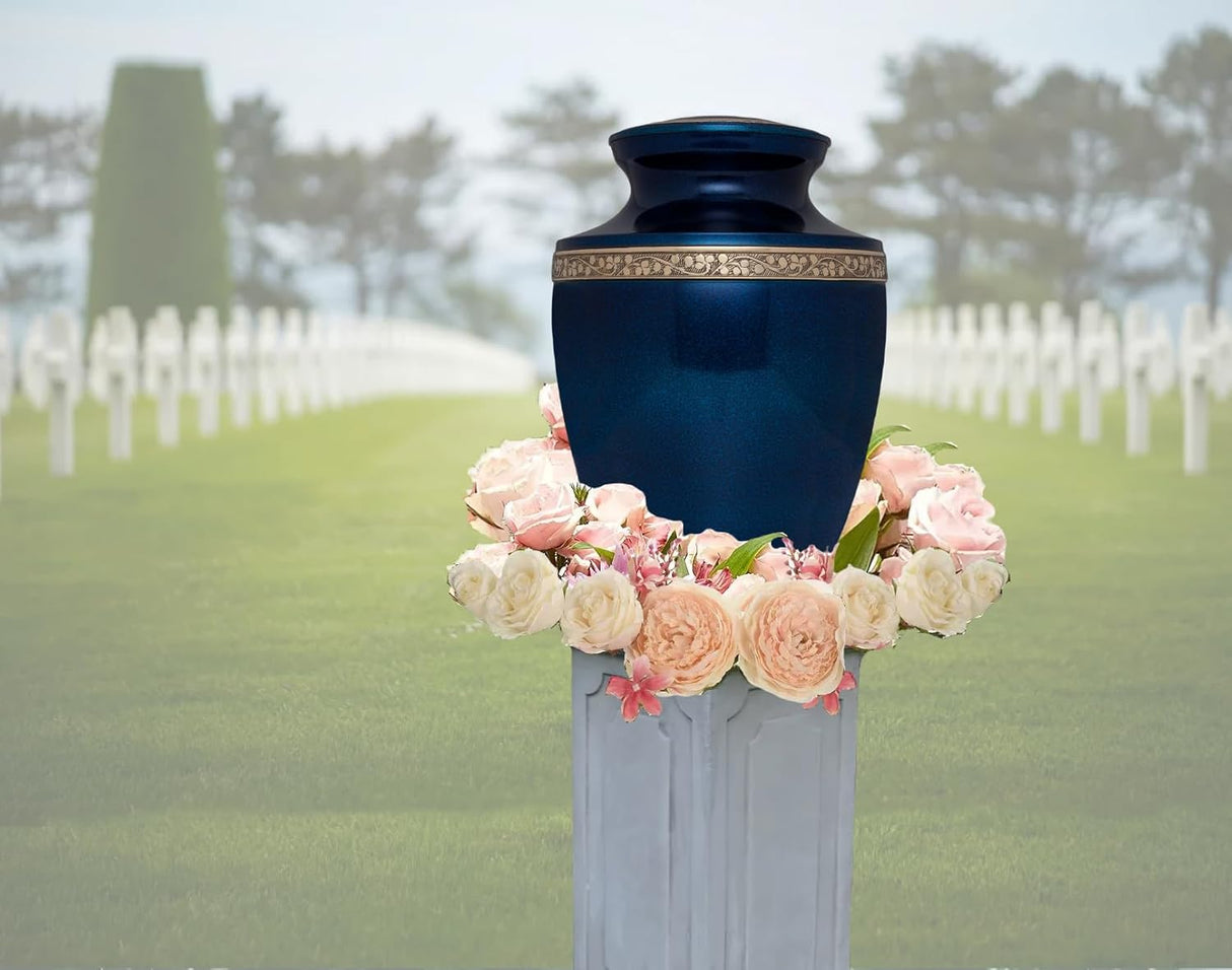 Blue Funeral Cremation Urn for Human Ashes - Hand Made in Brass - Suitable for Cemetery Burial or Niche - Large Size fits Remains of Adults up to 200 lbs - Torino Model