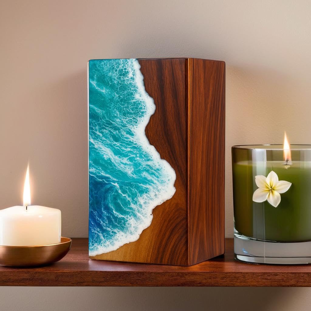 Handcrafted Wooden Ocean Wave Urn for Human Ashes – Epoxy Resin Memorial Urn for Adult Men & Women – Funeral Urn Box – Wooden Cremation Urns (Ocean Serenity Urn, (Large - 11.25" Hx6.25 W (250 Cu/in))
