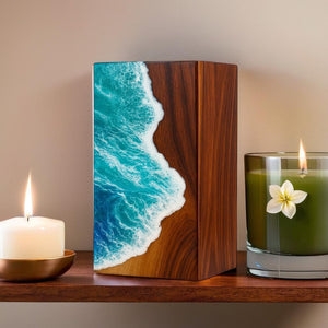 Handcrafted Wooden Ocean Wave Urn for Human Ashes – Epoxy Resin Memorial Urn for Adult Men & Women – Funeral Urn Box – Wooden Cremation Urns (Ocean Serenity Urn, (Large - 11.25" Hx6.25 W (250 Cu/in))