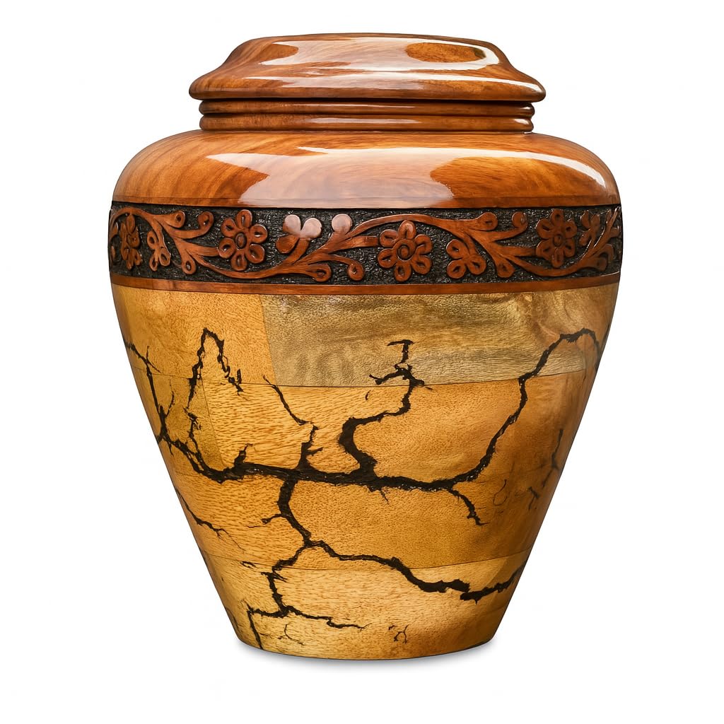 Wooden Cremation Urn for Human Ashes Handcrafted Urn for Adult Men & Women Memorial Urn for Ashes Decorative Burial & Funeral Urn (Hand Curving Border, Large 250lbs)