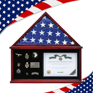 Flag Display Case Triangle Military Shadow Box with Flat Base Fits a Folded 5'x9.5' American Veterans Burial Memorial Funeral Flag Real Glass Front Wall Mountable Solid Wood Military Flag Case, CHERRY