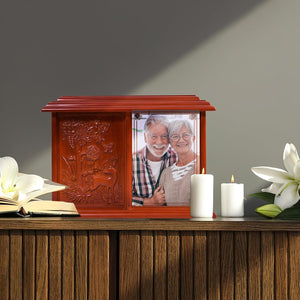 Double Urn for 2 Adults - Wooden Cremation Urn for Human Ashes Male Female Companion Urns for Ashes Women Men Carved 400 Lbs Large Deer Urns with 4 x 6 Picture Frame
