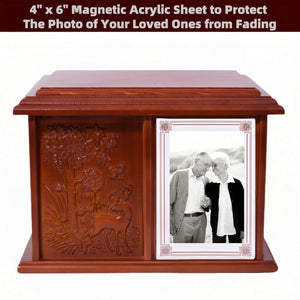 Double Urn for 2 Adults - Wooden Cremation Urn for Human Ashes Male Female Companion Urns for Ashes Women Men Carved 400 Lbs Large Deer Urns with 4 x 6 Picture Frame