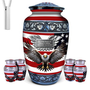 Set of 6 American Flag Decorative Cremation Urns for Ashes Adult Male & Female Includes 1 Large Urn with 4 Small Keepsakes & 1 NecklaceUrn for Human Ashes